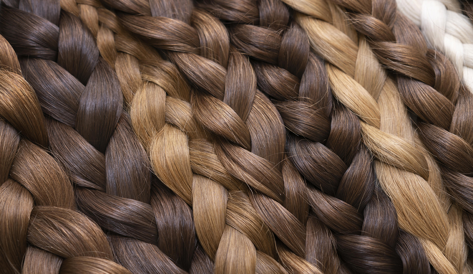 Diagonal braids lying next to each other in different color depths: brown, dark blond, medium blond, light blond and white.