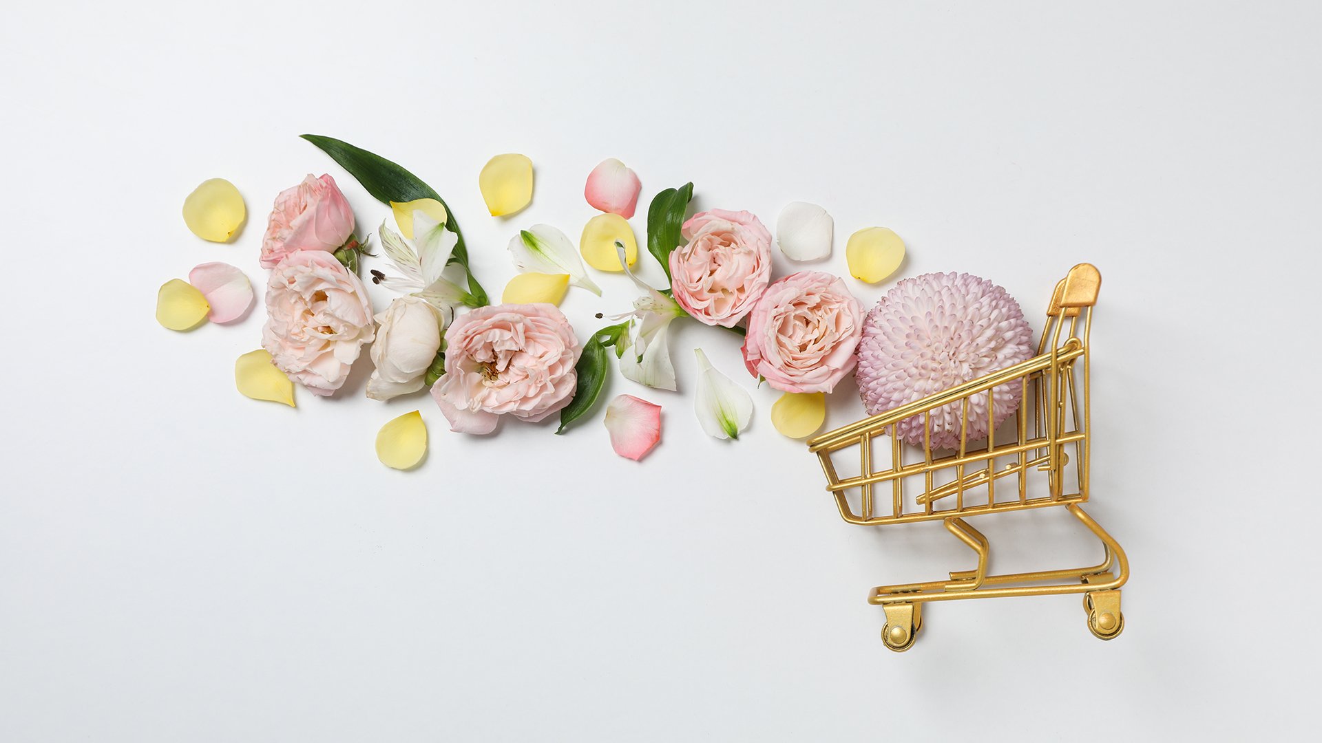Konzeptionelle Kunst mit einem goldenen Einkaufswagen im Profil, aus dem mehrere rosafarbene Blumen und Blüten fliegen, vor weißem Hintergrund.