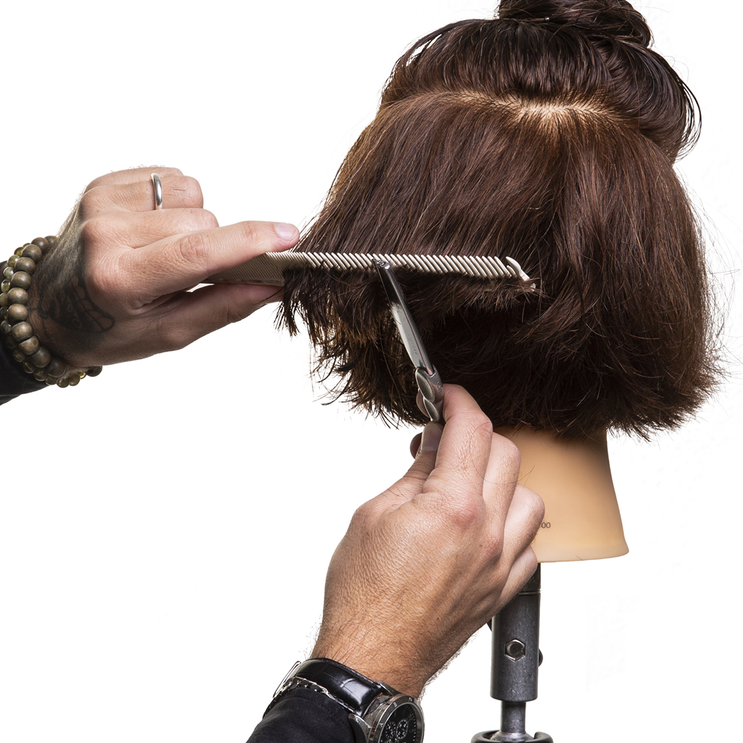 Ein Friseur schneidet die Haarspitzen eines brünetten Übungskopfes,über einem weißen Kamm, mithilfe einer Modellierschere